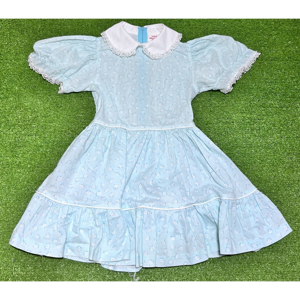 Vintage Toddler Lace Ruffle Dress SZ 3T Reeds World Baby Blue Floral Tea Party